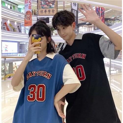 Summer 2020 new college style loose couple models V-neck fake two-piece ball suit sports short-sleeved T-shirt top