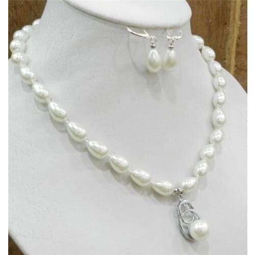 Teardrop White 9x13mm Akoya Cultured Shell Pearl Necklace & Pendants Earring Set