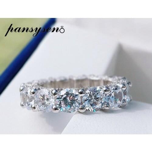PANSYSEN 100% 925 Sterling Silver Simulated Moissanite High Carbon Gemstone Round Circle Ring Wedding Engagement Rings for Women