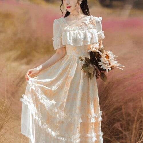 French First Love Gentle Wind Fairy Dress Summer Ruffled Square Collar Elegant Party Sweet Retro Dresses Vestidos