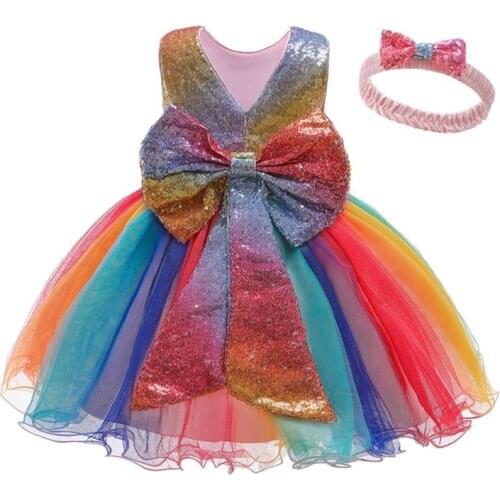 Rainbow Wedding Party Gown Newborn Toddler 1st Birthdy Princess Dresses Sequins Flower Baby Dress Kids Princess Dresses for Girl