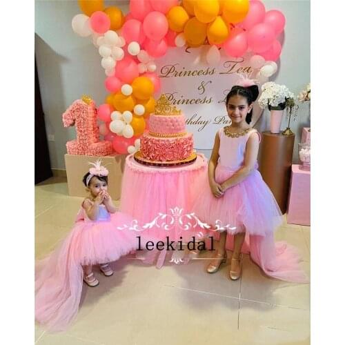 Princess Pink Ball Gown Flower Girls Dresses For Weddings Crystals Knot Bow Girls Birthday Pageant First Holy Communion Gown