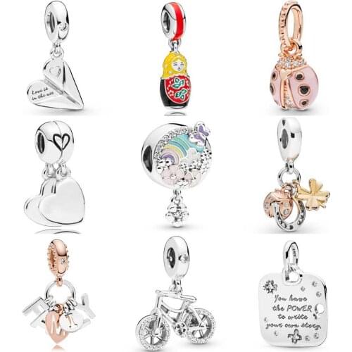 QANDOCCI Brilliant Bicycle Mother And Son Love Heart Paper Plane Pendant Charm Fit Pandora Bracelet 925 Sterling Silver Jewelry