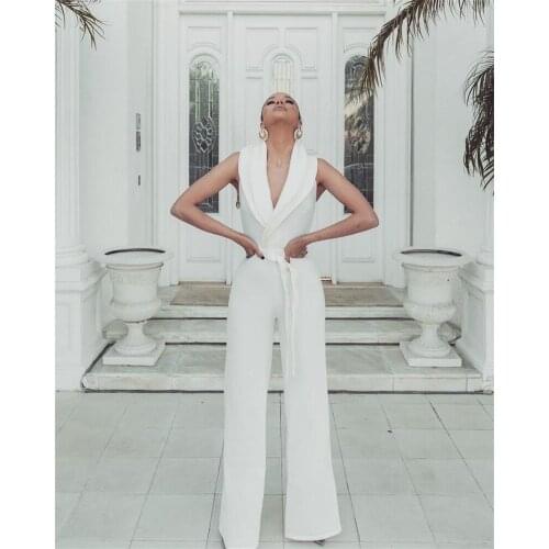 Chic White Jumpsuit Prom Dresses Floor Length Semi-halter Evening Dress Custom Made Sleeveless Party Gown