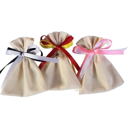 50pcs/lot 100% Natural cotton bag with bowknot in front drawstring for wedding party customize logo