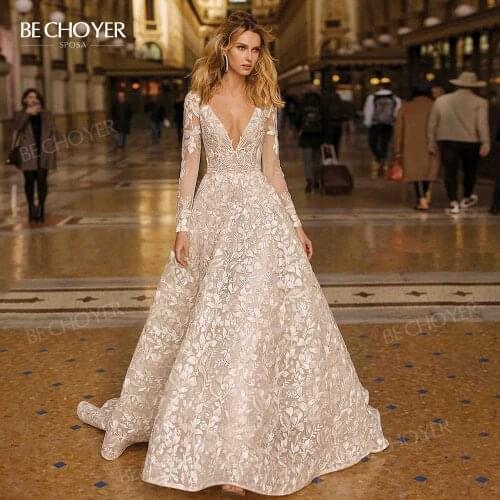Wedding Dress V-neck Long Sleeve A-Line Gorgeous Court Train Bride Gown 2021 Princess BECHOYER EZ56 Plus Size Vestido de Noiva