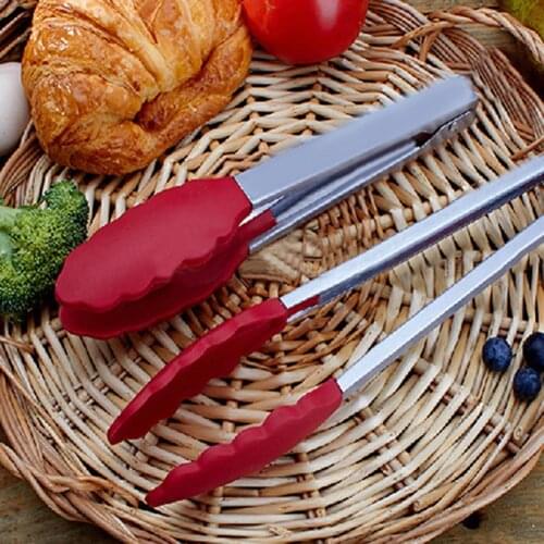 Heat Resistant Silicone Cooking Salad Stainless Steel Handle Serving BBQ Tongs Kitchen Utensil Supplies Accessories Products