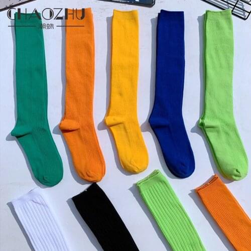 CHAOZHU Rib Thin Middle Cotton Knitting 200 Needles High Tube Long Unisex Men Women Hip Hop Knee Socks Black White Neon