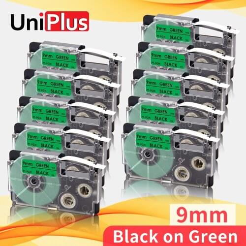 UniPlus 9mm*8m Printer Ribbon Compatible Casio Label Tape XR-9GN XR9GN Black on Green Label Cassette for Casio Label Printer