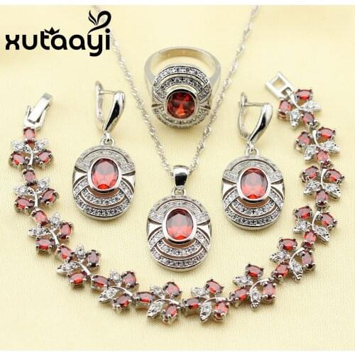 XUTAAYI Red Created Garnet Pretty Wedding Jewelry Set Sterling Silver Overlay Women Earrings Ring Necklace Pendant Bracelet