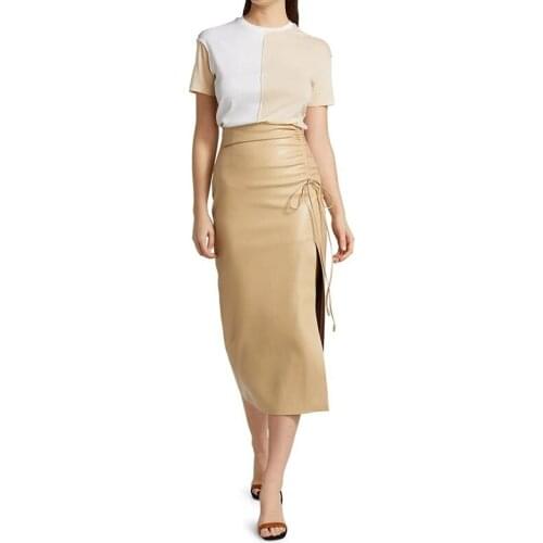 High Waist Women Faux Leather Midi Skirt 2021 New Ladies Drawstring Slim Side Lace-Up Commuter Retro Package Hip Long Skirts