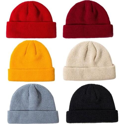 Women Unisex Winter Ribbed Knitted Cuffed Short Melon Cap Solid Color Skullcap Baggy Retro Ski Fisherman Docker Beanie Hat 6