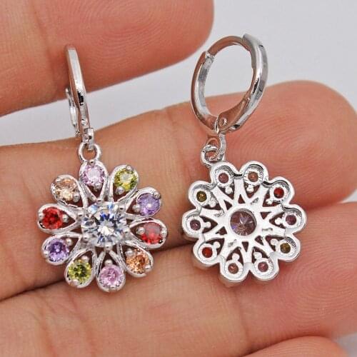 Luxury Trendy Flower Earrings For Women White/Yellow Gold Filled Drop Earrings With Rainbow Zircon Fashion Jewelry Accessories