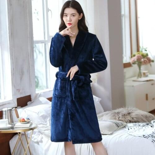 2021 Women Blue Bathrobe Flannel Robe Womens Winter Thicken Warm Soft Plush Shawl Bathrobe Long Sleeved Robe Coat