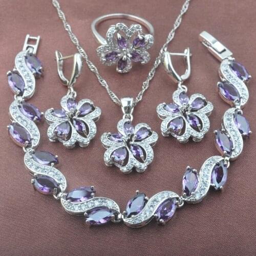 Purple Crystal Womens Jewelry Set Silver Color Bracelet Necklace Pendant Earrings Ring With Cubic Zirconia 2020 New YZ0533