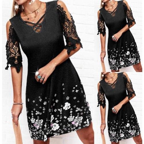 Off-The-Shoulder Lace Summer Dress Floral Printed All Black Lady Midi Office Ol Dress Sexy Fashion Short Sleeve Party Dress D30