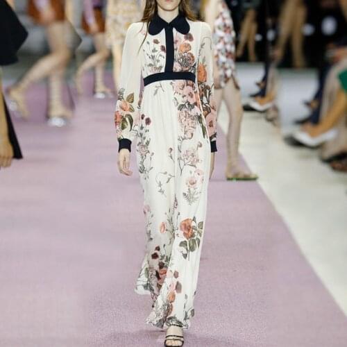 New Spring Autumn Long Sleeve Floral Printed Long Dresses for Women Runway Vintage Chiffon Pleated Maxi Dress Female