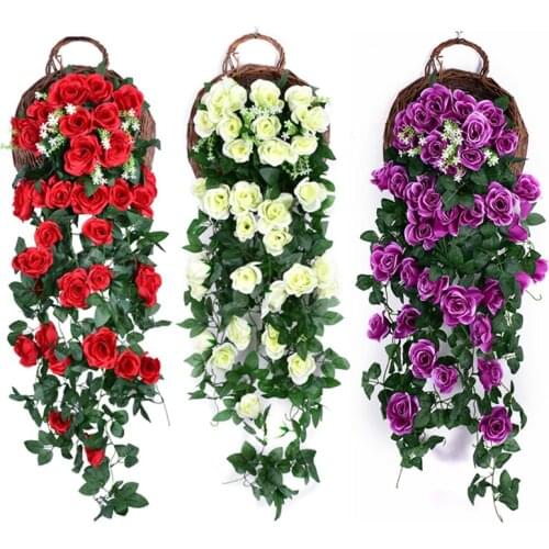 1 Bouquet Artificial Flower Vine Decoration Wall Hanging Rose Flowers Rattan Fake Plant Home Decor Wedding Decorative Wreath