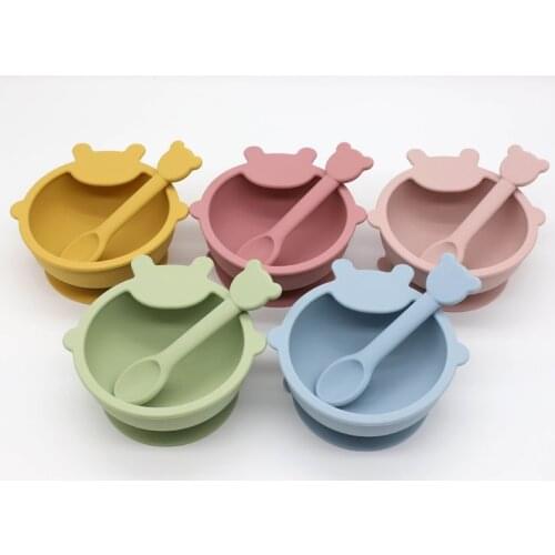 2 Pcs BPA Free Silicone Waterproof Baby Suction Bowl Training Spoon Set Non-Slip Learning Feeding Food Dish Plate