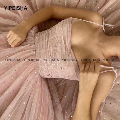 Yipeisha Shiny Short Prom Dresses Spaghetti Straps Ankle Length Tulle with Gold Stars A-line Dusty Pink Party Gown