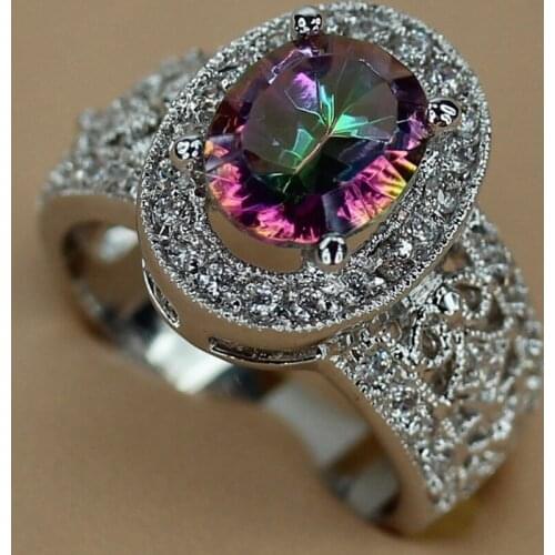 Fleure Esme big fashion Engagement wedding rings for men and women Cute Rainbow Cubic Zirconia Rhodium Plated R3274 size 6 7 8 9