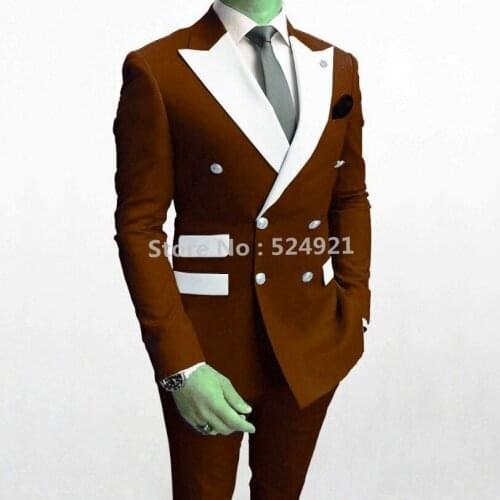 Double Breasted Men Suits Brown Groom Tuxedos Peak White Lapel Groomsmen Wedding Best Man 2 Pieces ( Jacket+Pants+Tie ) D50