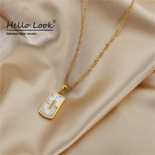 Hellolook Elegant Zircon Shell Pendant Necklace 18K Gold Plated Stainless Steel Long Necklace for Women 2021 Trendy