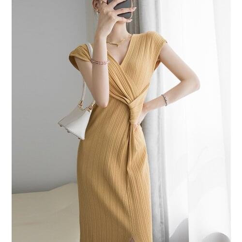 Korobov Women Knitted Dress Korean V Neck Short Sleeve Female Dresses Vintage OL Elegant Solid Basics Vestidos Femme