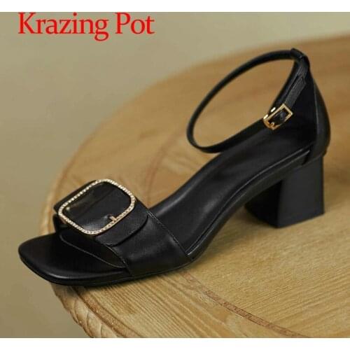 Krazing Pot genuine leather square toe med heels vintage maiden diamond mules metal fasteners buckle straps women sandals L19