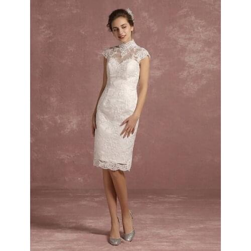 Summer Wedding Dresses 2020 Lace Short High Collar Bridal Gown Illusion Sheath Sleeveless Bow Keyhole Knee Length Bridal Dress