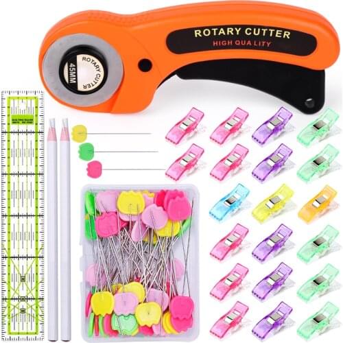 Nonvor Leather Sewing Craft Tool Set 45mm Rotary Cutter Acrylic Color Ruler Drawing Crayons and Sewing Clip Positioning Pins
