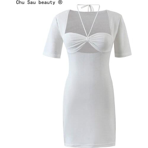 2021 Spring Summer New Womens Fashion Solid Sexy Stretch Slim Tube Top Two-piece Knitted Hollow Mini Dress