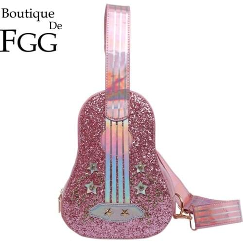 Boutique De FGG Novelty Funny Small Guitar Handbags Irridescent PU with Glitters Women Shoulder Bags Crossbody Bag