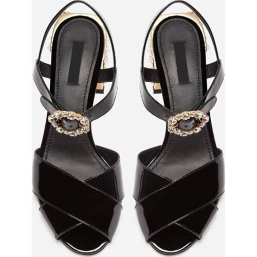 Luxurious crystal chunky low heel cross strap diamonds buckle chunky heel sandal woman summer chunky heel sandal