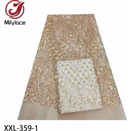 Luxury Sequin Embroidery Mesh Lace Fabric Fashion Handmade Beaded Tulle Net Lace Fabric for Party Dress XXL-359
