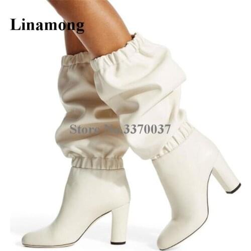Newest Women Fashion Round Toe white Leather Chunky Heel Loose Pleated Knee High Boots Rubber White Long Thick High Heel Boots