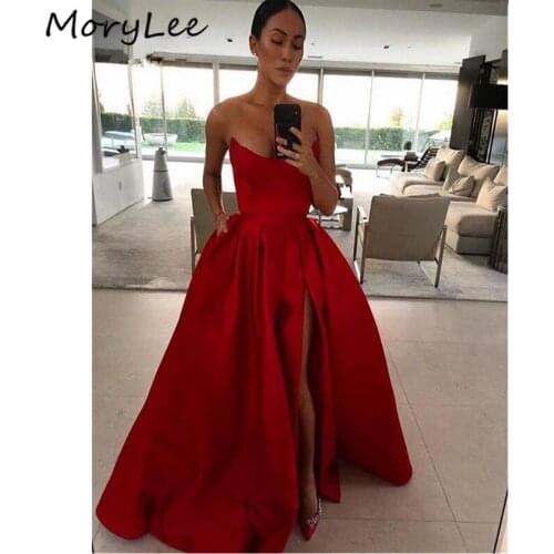 Sexy Red Evening Dresses Scoop Sleeveless A-Line Side Slit Floor Length Satin Evening Dress vestidos de fiesta de noche