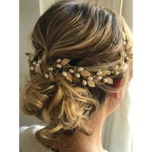 Handmade Crystal Golden Leaf Wedding Bridal Headbands Tiara Pearls Hairbands Headdress Wedding Hair Accessories резинки для воло