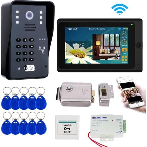 7'' Wifi Video Intercom System Wireless Video Door Phone Doobell Kit Electric Magnetic Bolt Strike Lock, Mobile phone APP Unlock