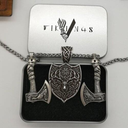 Vintage Odins Wolf Raven Axe With Deer Head Rune Pendant Nordic Viking Keltic Knot Animal Amulet Necklace