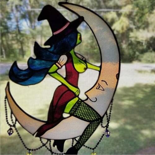 Stained Acrylic Witch Wind Chimes Wall Window Hanging Decor Sunbathing on Moon Decor Stained Glass Acrylic Pendant Ornaments