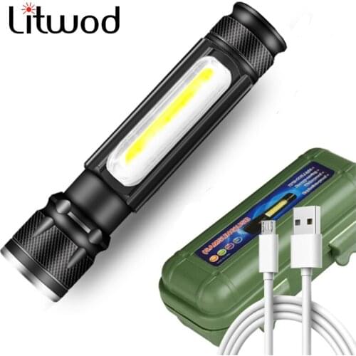 USB Rechargeable LED Flashlight XM-L T6 Built-in Battery Torch Aluminum Lanterna Camping 2000LM COB Zoomable 3 Modes Bulbs Black