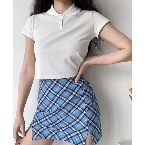 Y2k Simple Basic Turn Down Collar Solid Short Sleeve Crop Top Female Harajuku Vintage Black White Anime Sailor Shirts Women 2021