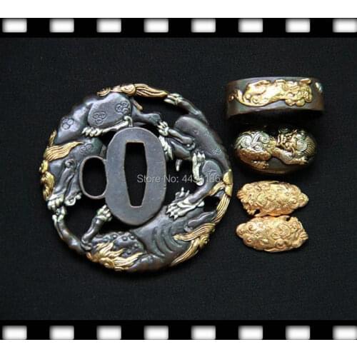 Japanese Samurai Sword Katana Tsuba Hand Guard Fuch Kashira Menuki Set Copper Fitting Brand New W/Kylin Design