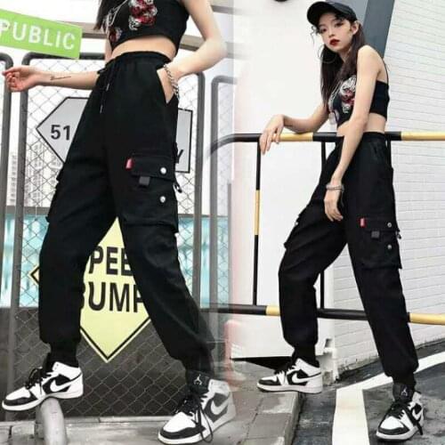 Womens Cargo Pants Female Streetwear Elastic Waists Slimmer Versatile High Waist Women Sweatpants Lady Korean Casual Trousers