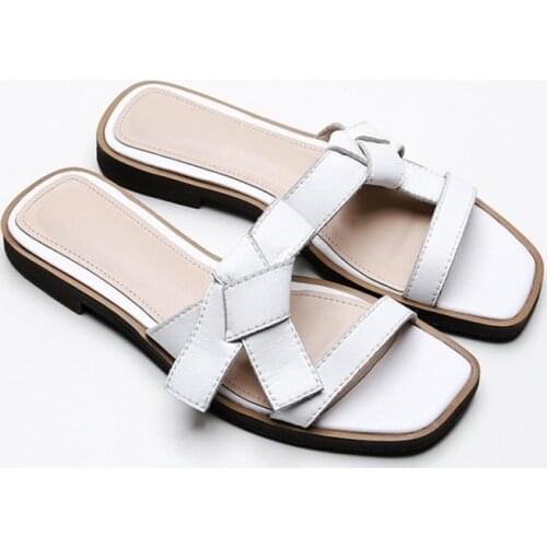 2021 New Women Summer Real Genuine Cow Leather Slippers Black Beige Shoes Ladies Sweet Bow-tie Brand Designer Slides Flip Flops