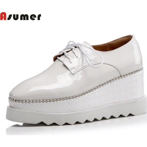 ASUMER SIZE 33-43 New Genuine leather shoes women pumps wedges high heels platform shoes ladies casual shoes white black