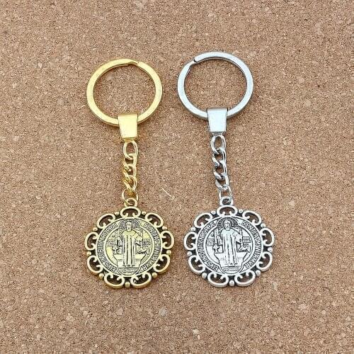 10pcs Keychain Flower Saint Benedict Exorcism Medal Zinc Alloy Catholic Cross Key Ring Travel Protection Pendant