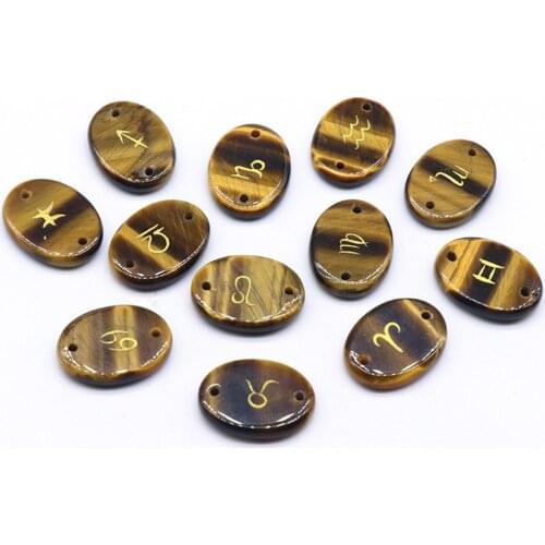 12pcs fashion Twelve Constellations Symbol Stone Pendant 12x16mm Oval Tiger Eye/Rose Quartzs/Green Aventurine Energy stone