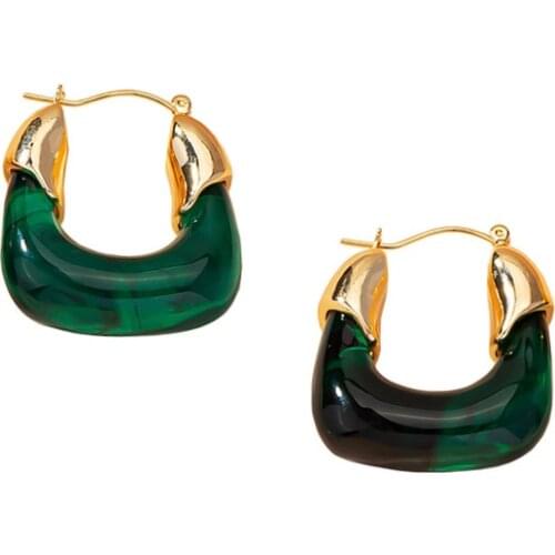 2021 Ins Gold Metal Green Acrylic Resin Irregular Minimalist Hoop Earrings Trendy Korean Fashion Women Party Jewelry
